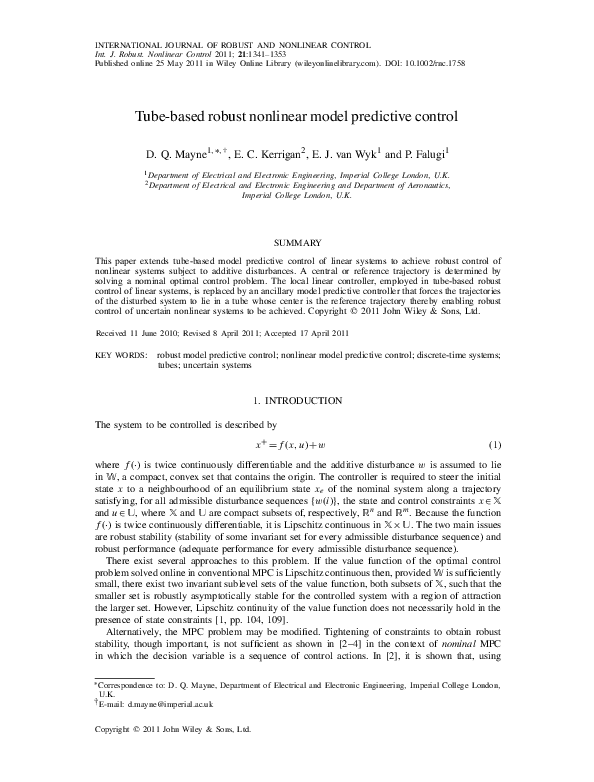 (PDF) Tube-based robust nonlinear model predictive control