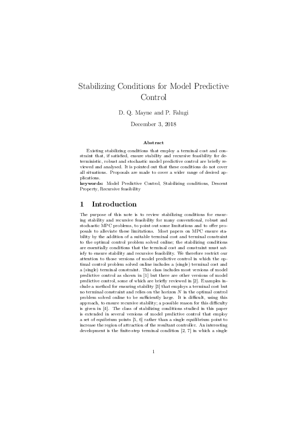 (PDF) Stabilizing conditions for model predictive control