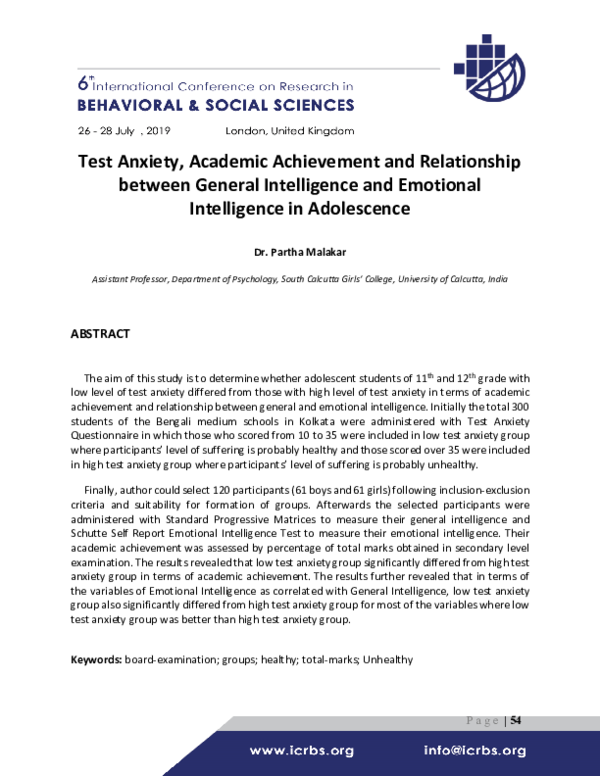 (PDF) Test Anxiety, Academic Achievement and Relationship between ...