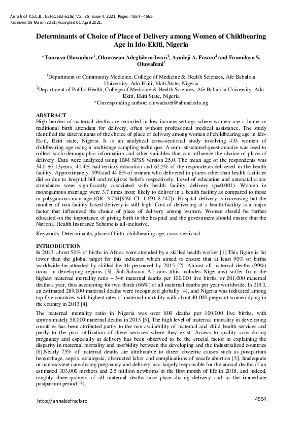 (PDF) Determinants of Choice of Place of Delivery among Women of ...