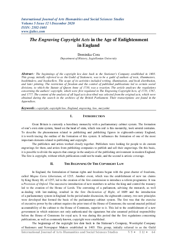 The Engraving Copyright Acts in the Age of Enlightenment in England