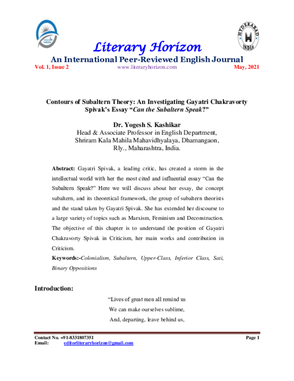 (PDF) Contours of Subaltern Theory An investigating Gayatri Chakravorty Spivak’s Essay “Can the