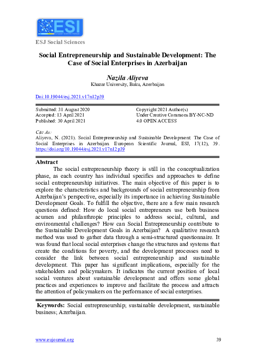 (PDF) Social Entrepreneurship and Sustainable Development: The Case of ...
