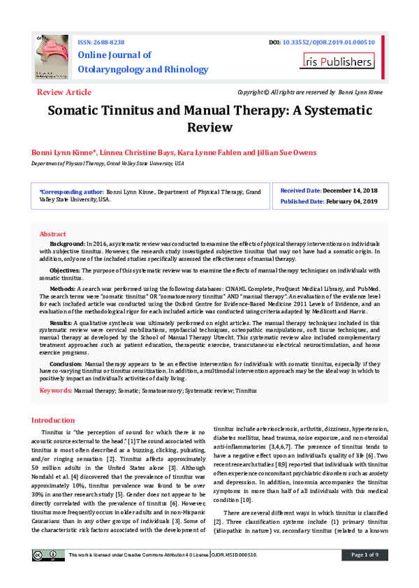 (PDF) Somatic Tinnitus and Manual Therapy A Systematic Review iris