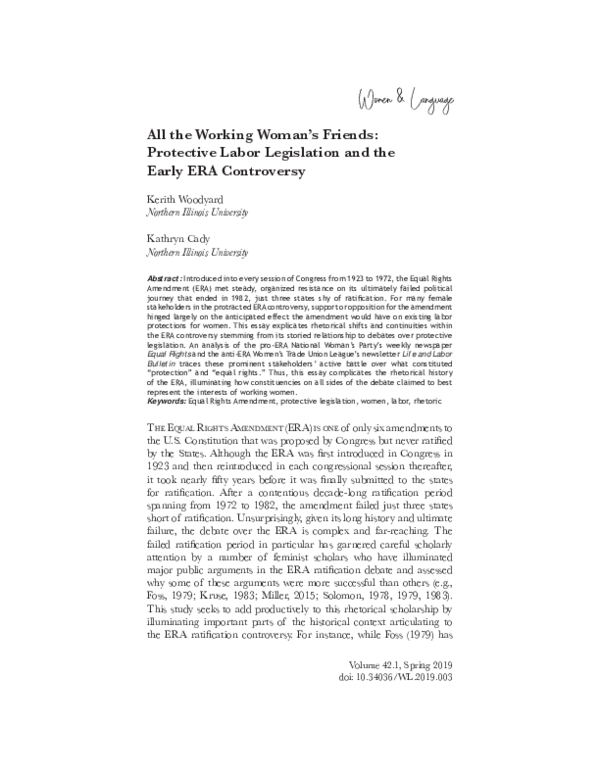 (PDF) All the Working Woman’s Friends Protective Labor Legislation and