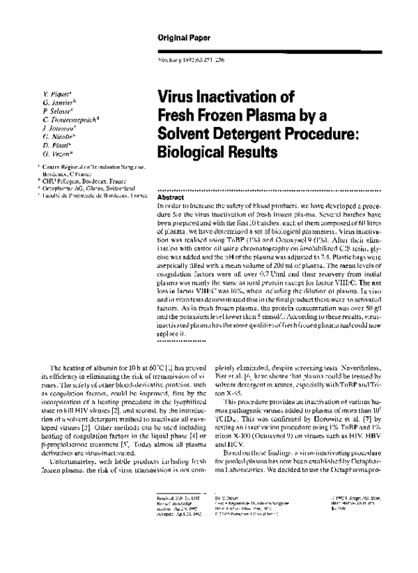 (PDF) Virus Inactivation of Fresh Frozen Plasma by a Solvent Detergent