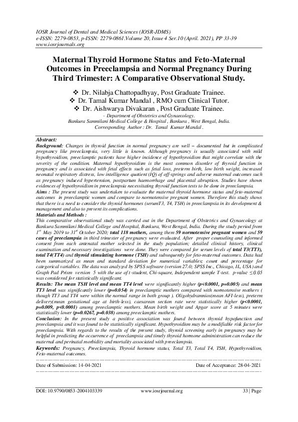 (PDF) Maternal Thyroid Hormone Status and Feto-Maternal Outcomes in ...