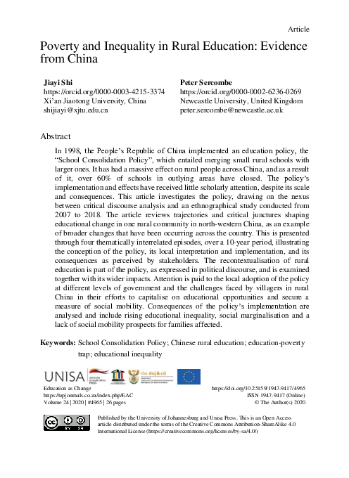 (PDF) Poverty and Inequality in Rural Education: Evidence from China