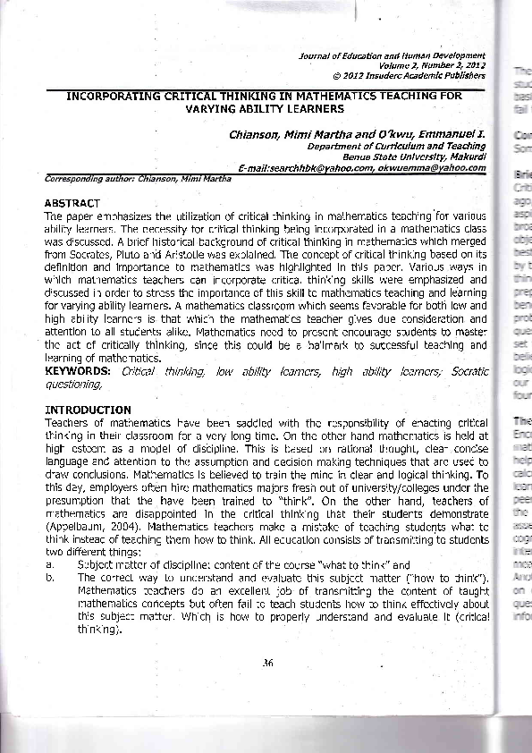 (PDF) INCORPORATING CRITICAL THINKING IN MATHEMATICS TEACHING FOR ...