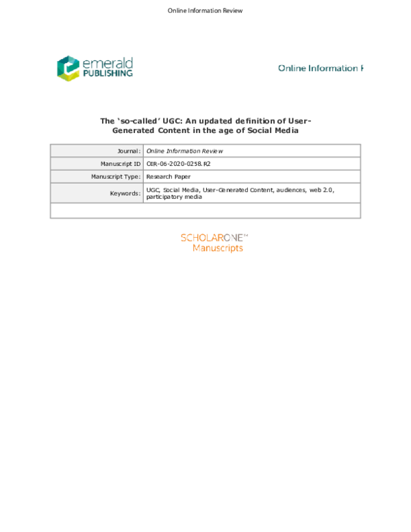 (PDF) The 'so-called' UGC: An updated definition of User-Generated ...