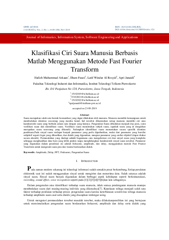 Pdf Klasifikasi Ciri Suara Manusia Berbasis Matlab Menggunakan Metode