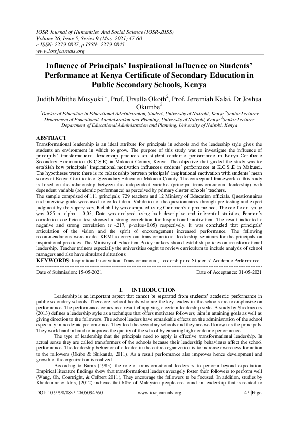 (PDF) Influence of Principals' Inspirational Influence on Students ...