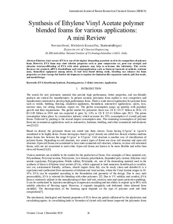 (PDF) Synthesis of Ethylene Vinyl Acetate polymer blended foams for various applications A mini