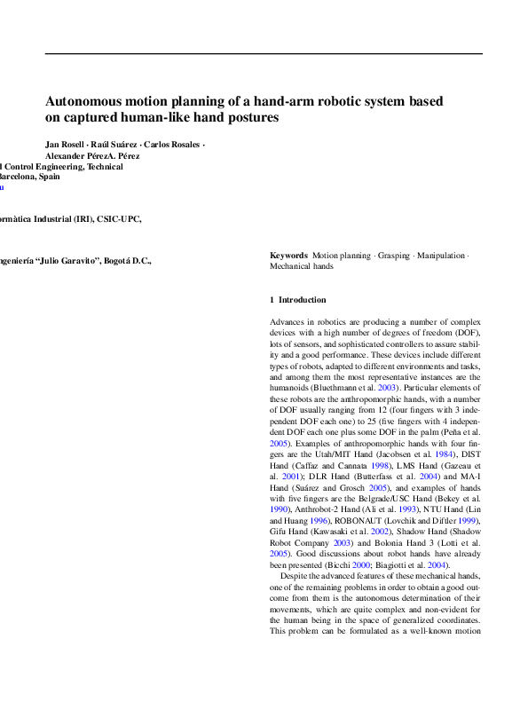 (PDF) Autonomous motion planning of a hand-arm robotic system based on ...