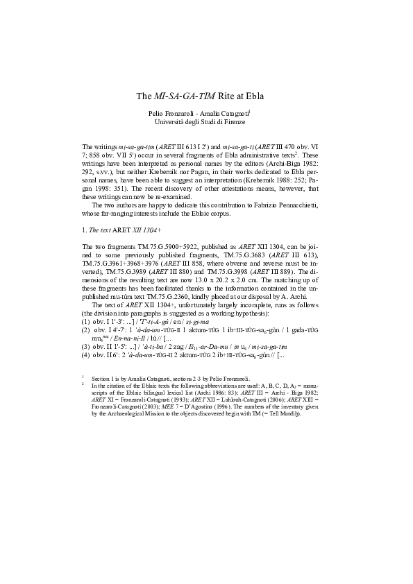 Pdf P Fronzaroli A Catagnoti The Mi Sa Ga Tim Rite At Ebla Amalia Catagnoti Academia Edu