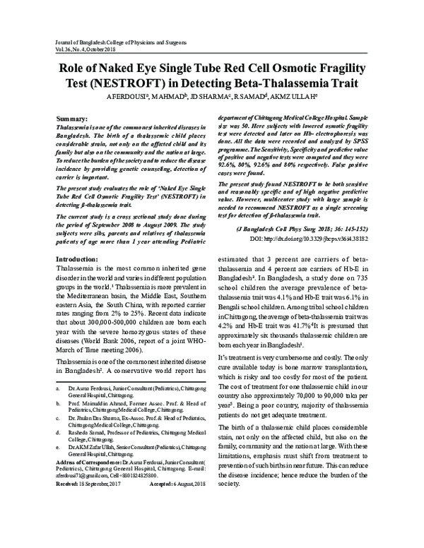 (PDF) Role of Naked Eye Single Tube Red Cell Osmotic Fragility Test