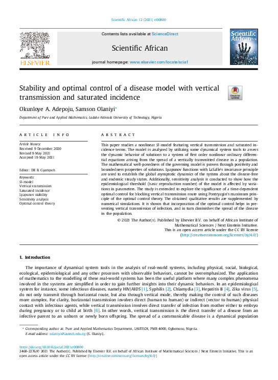 (PDF) Stability and optimal control of a disease model with vertical ...