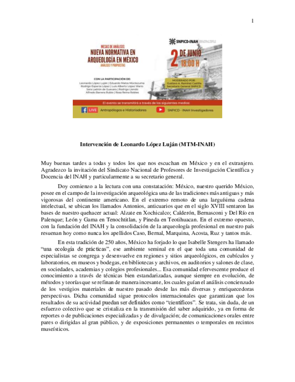 López Luján, Leonardo, Intervención con motivo de la polémica en torno a los nuevos "Lineamientos para la investigación arqueológica en México" emitidos por el Consejo de Arqueología, SNPICD-INAH, Ciudad de México, 2 de junio de 2021.