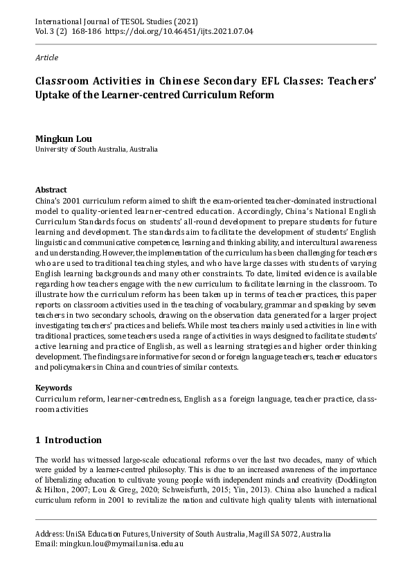(PDF) Classroom Activities in Chinese Secondary EFL Classes: Teachers ...