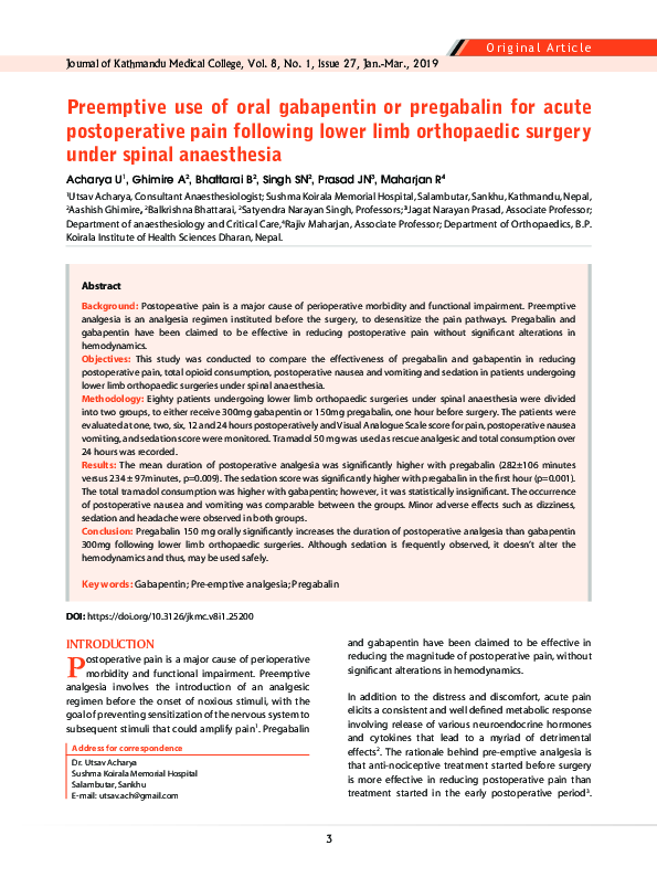 (PDF) Preemptive use of oral gabapentin or pregabalin for acute ...