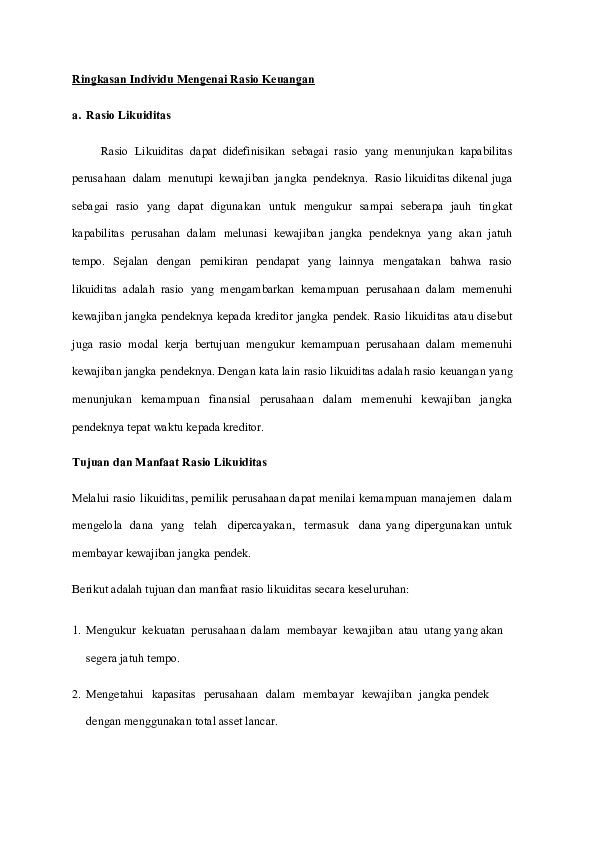 (DOC) Ringkasan Individu Mengenai Rasio Keuangan