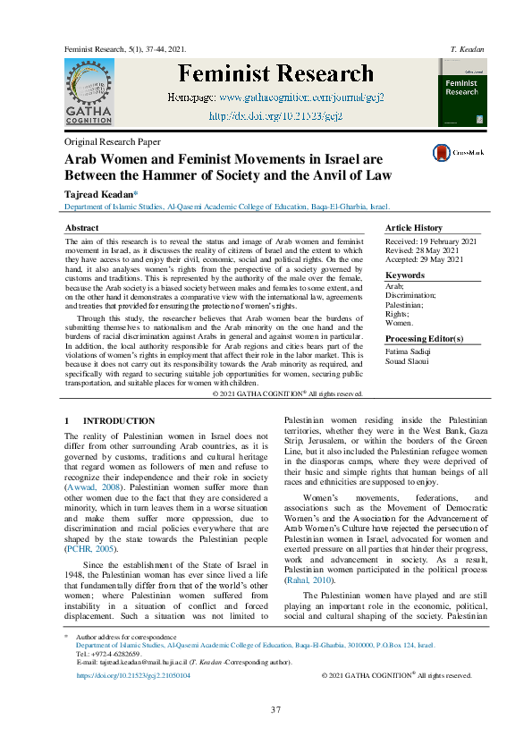 (PDF) Arab Women and Feminist Movements in Israel are Between the ...