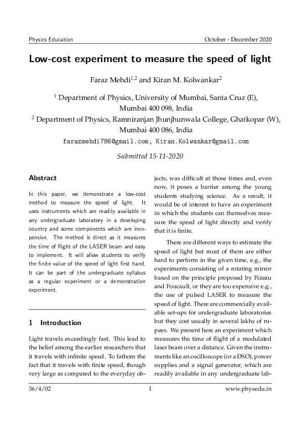 (PDF) Lowcost experiment to measure the speed of light Faraz Mehdi