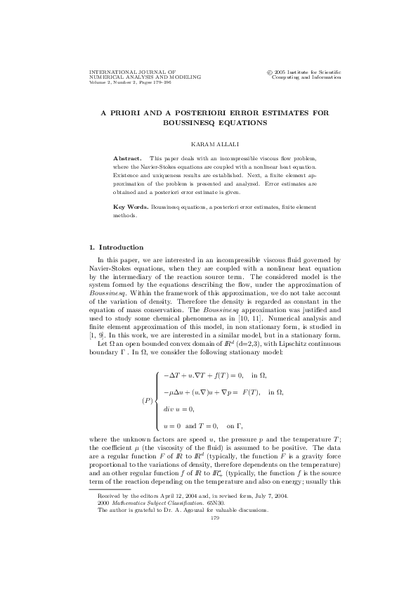 (PDF) A priori and a posteriori error estimates for Boussinesq equations