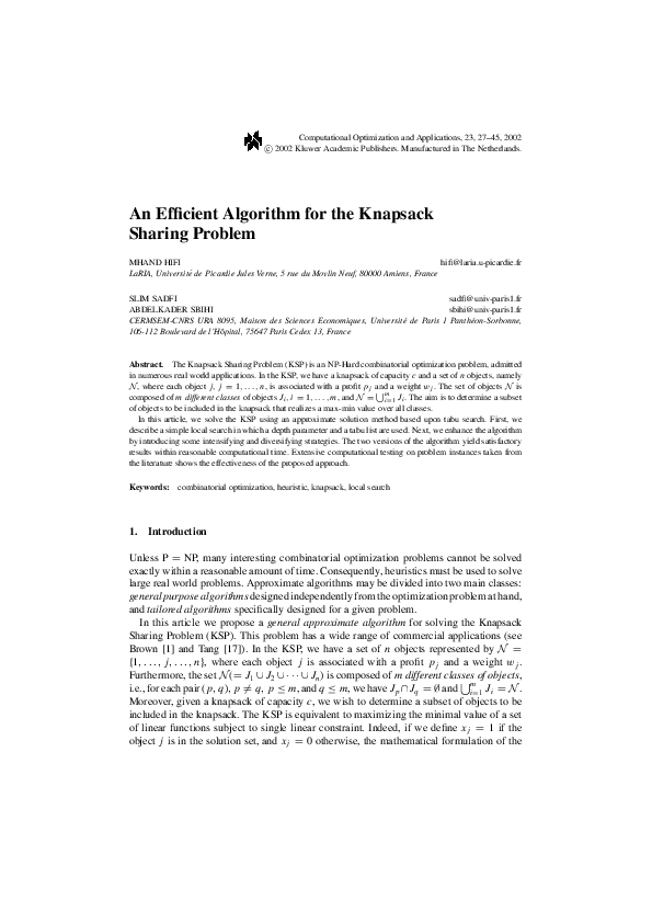 (PDF) Efficient Algorithms for the Knapsack Sharing Problem