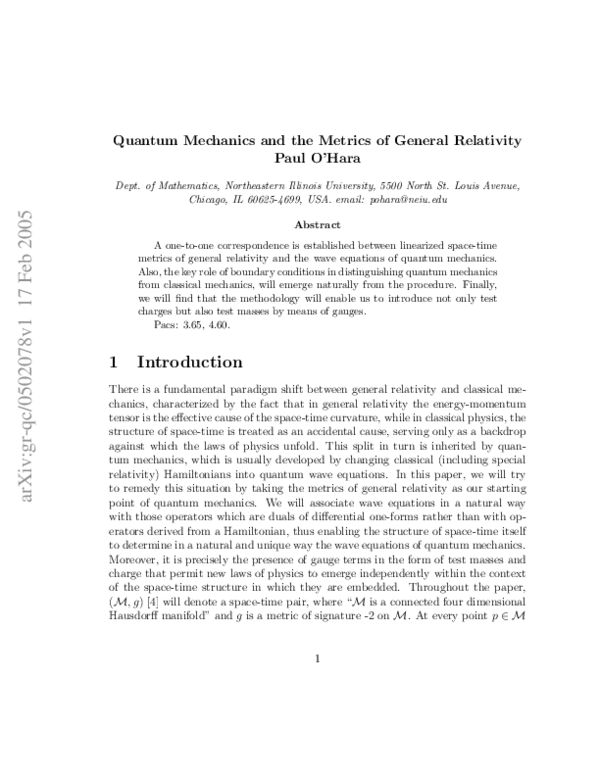 (PDF) Quantum Mechanics and the Metrics of General Relativity