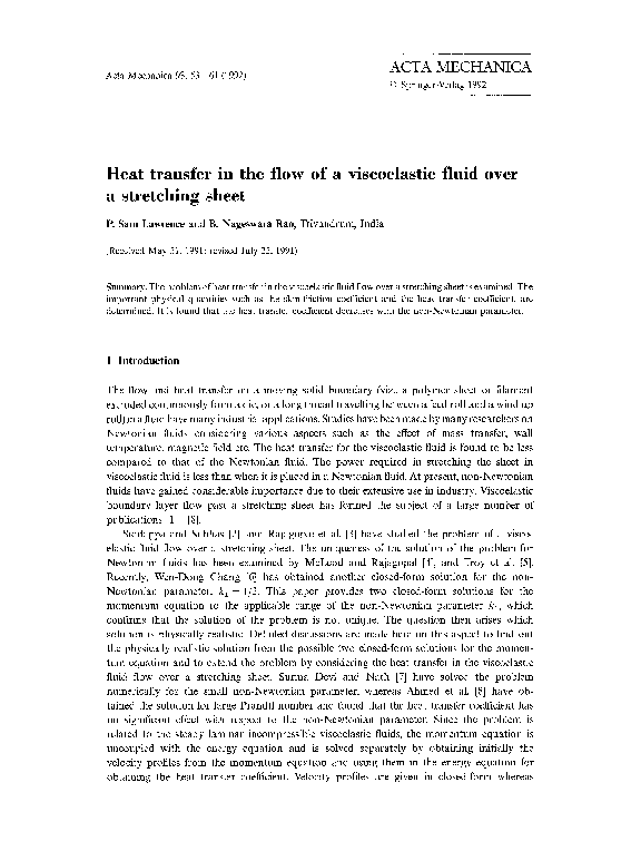 (PDF) Heat transfer in the flow of a viscoelastic fluid over a ...