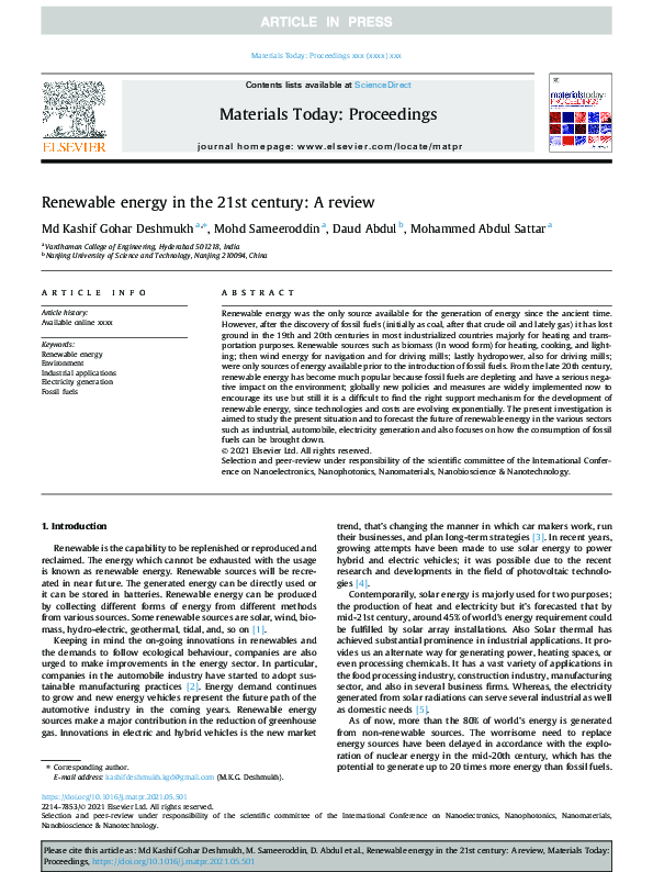 (PDF) Renewable energy in the 21st century: A review