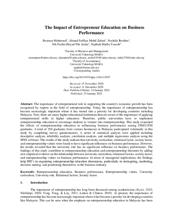 (PDF) The Impact of Entrepreneur Education on Business Performance