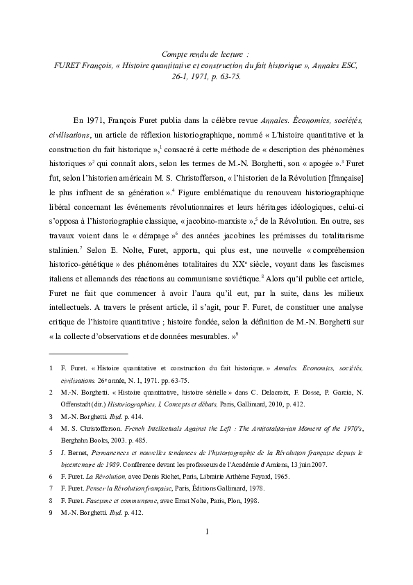 (PDF) Compte rendu de lecture : FURET François, « Histoire quantitative ...