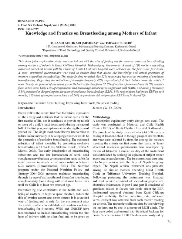 (PDF) Knowledge and Practice on Breastfeeding among Mothers of Infant