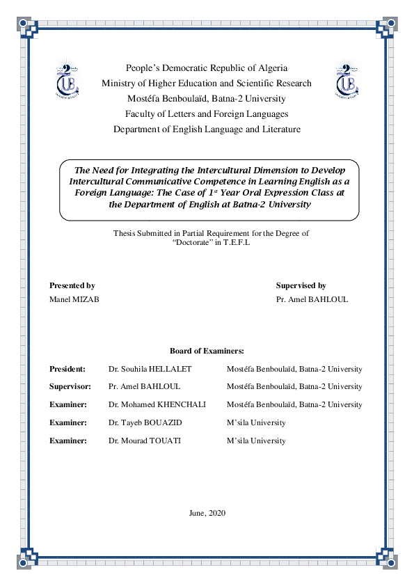 First page of “The Need for Integrating the Intercultural Dimension to Develop Intercultural Communicative Competence in Learning English as a Foreign Language: The Case of 1st Year Oral Expression Class at the Department of English at Batna-2 University”