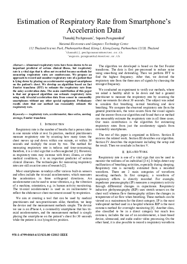 (PDF) Estimation of respiratory rate from smartphone's acceleration data