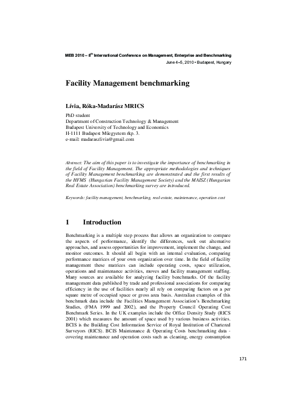 Pdf Facility Management Benchmarking