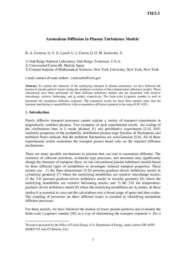 (PDF) Anomalous diffusion in plasma turbulence models