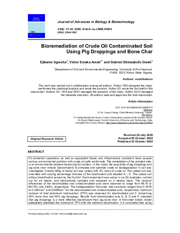 (PDF) Bioremediation of Crude Oil Contaminated Soil Using Pig Droppings ...