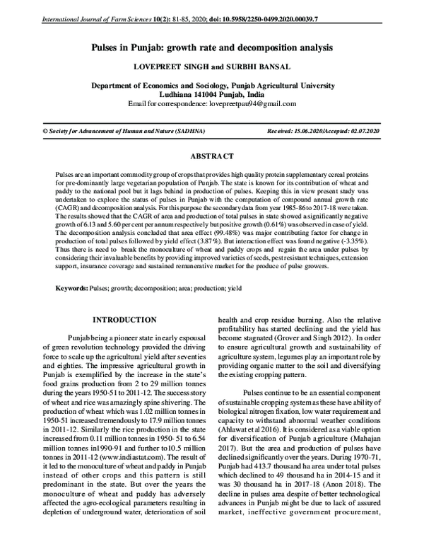(PDF) Pulses in Punjab: growth rate and decomposition analysis