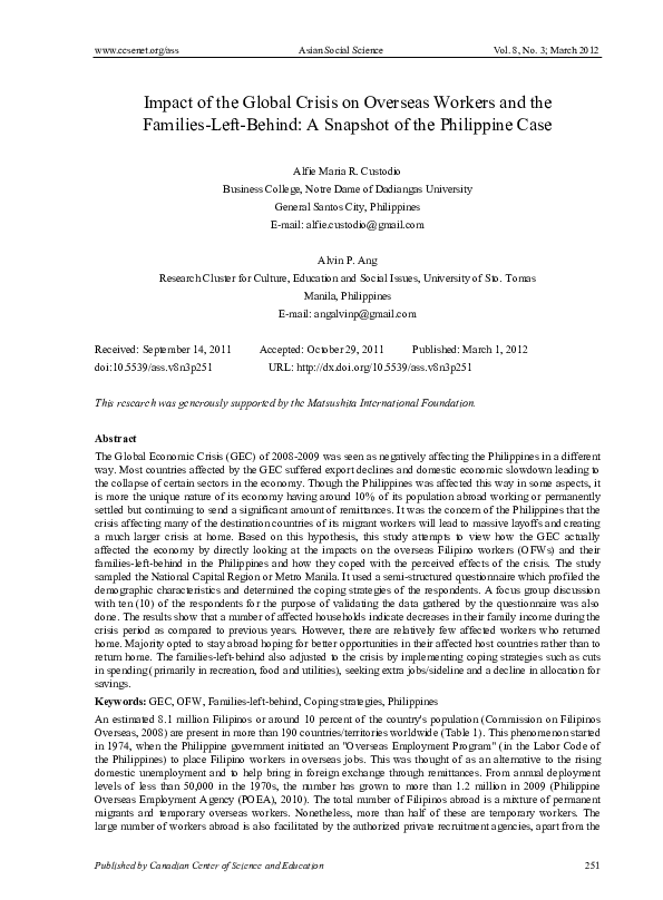 (PDF) Impact of the Global Crisis on Overseas Workers and the Families ...