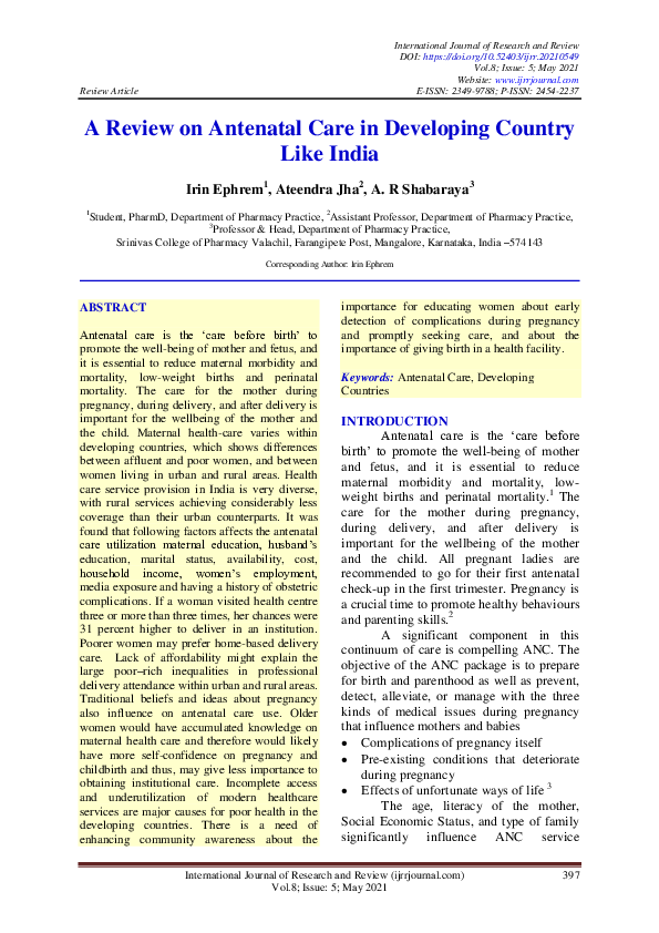 (PDF) A Review on Antenatal Care in Developing Country Like India