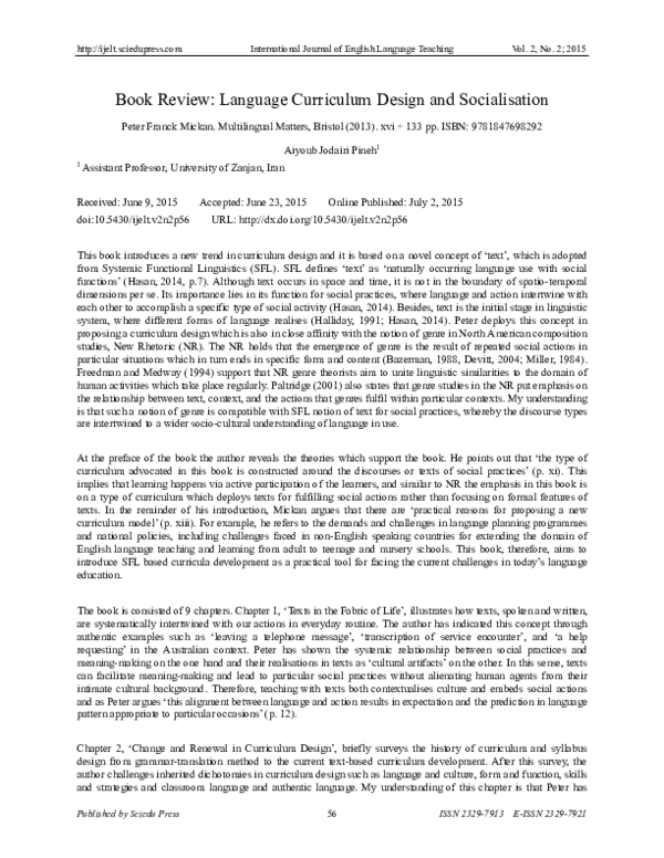 (PDF) Book Review: Language Curriculum Design and Socialisation