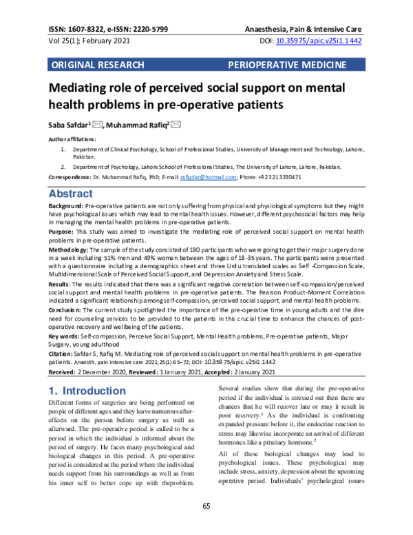 (PDF) Mediating role of perceived social support on mental health ...