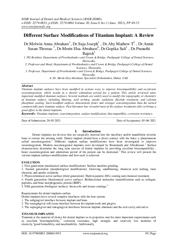 (PDF) Different Surface Modifications of Titanium Implant: A Review