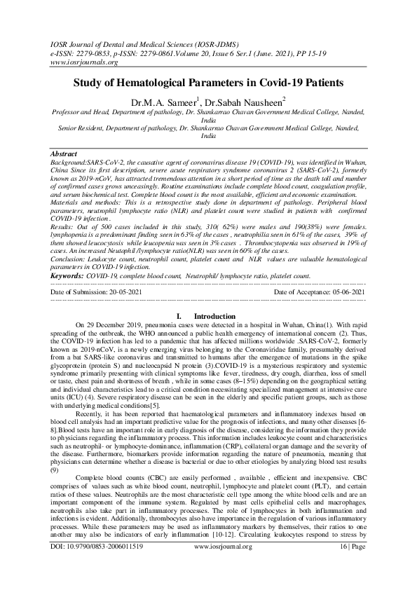 (PDF) Study of Hematological Parameters in Covid-19 Patients