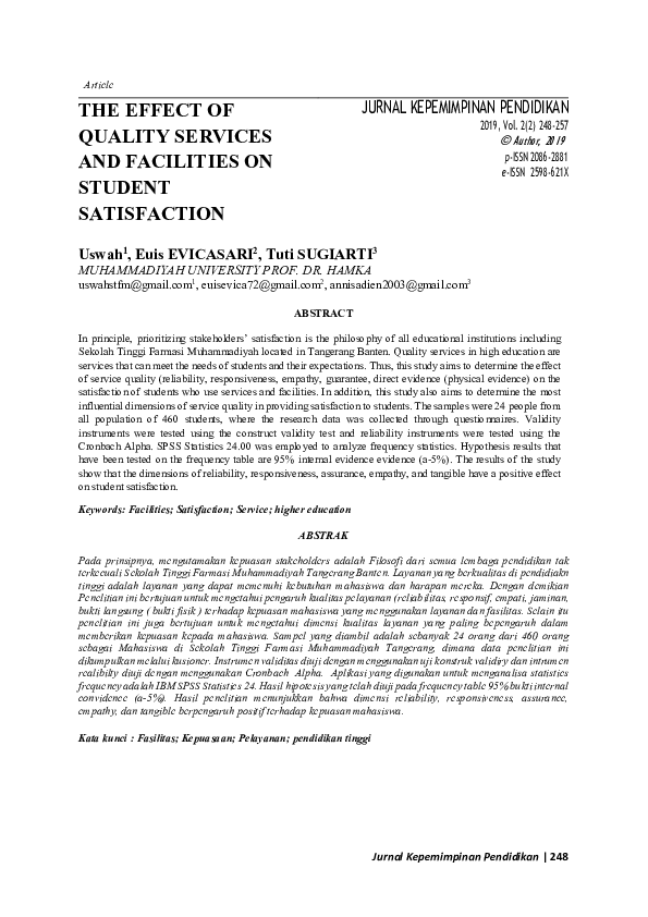 (PDF) The Effect of Quality Services and Facilities on Student Satisfaction