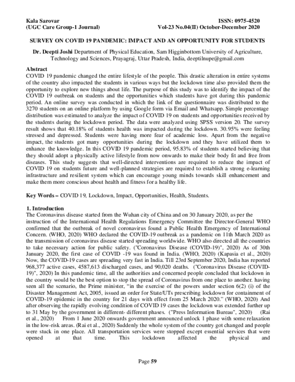 (PDF) Survey on COVID 19 Pandemic Impact and Opportunities for Students