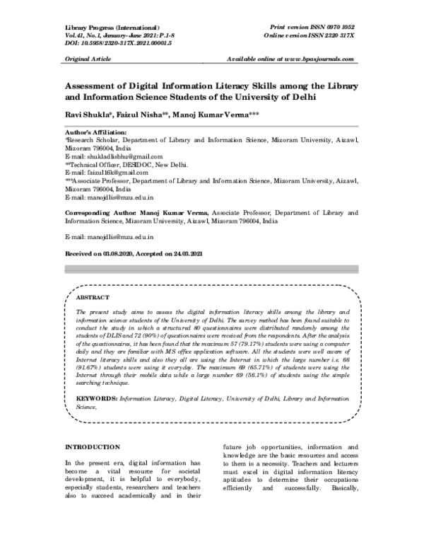 (PDF) Assessment of Digital Information Literacy Skills among the ...